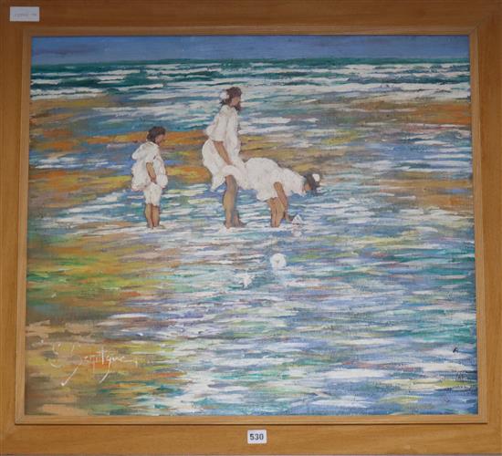 S. Schitlque, oil on board, Women on the shoreline, signed, 64 x 75cm